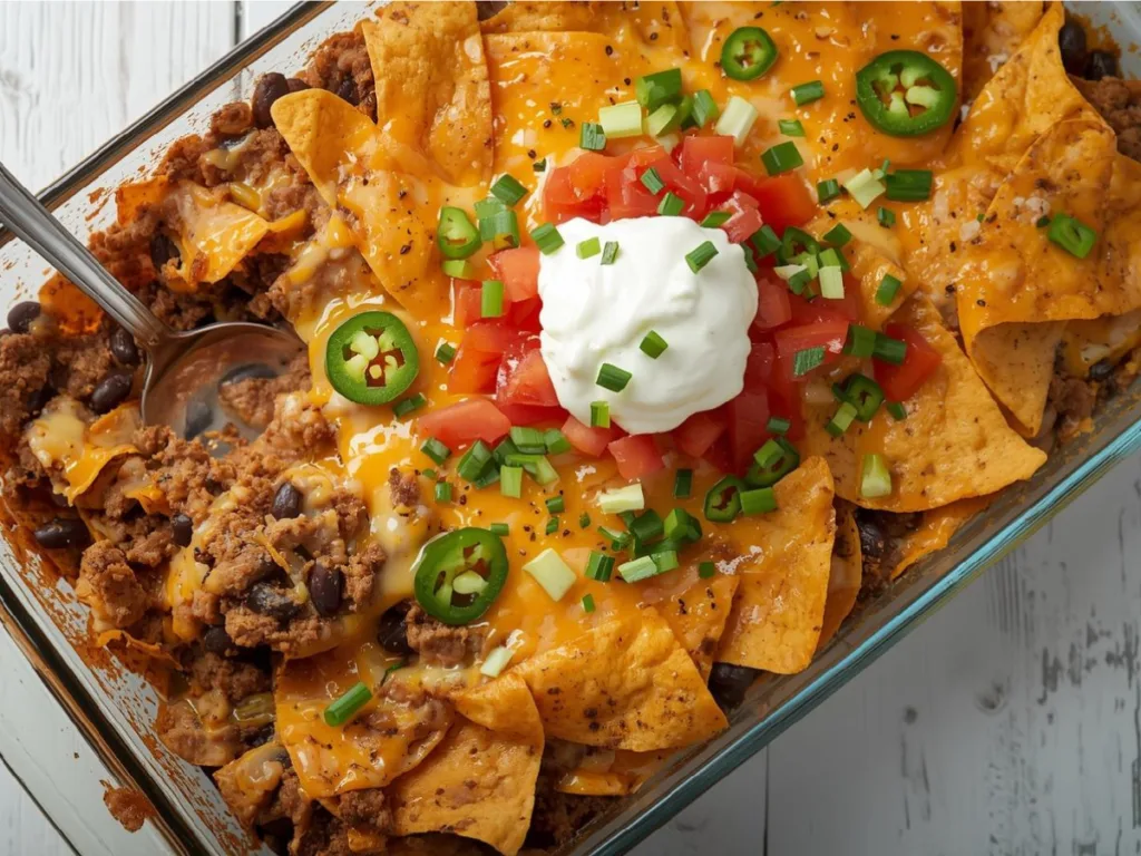 Overhead view of a cheesy Walking Taco Casserole garnished with fresh shredded lettuce, diced tomatoes, and a dollop of sour cream.