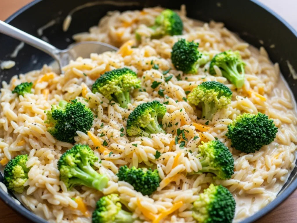 Golden and cheesy Broccoli Cheddar Orzo Pasta served in a rustic ceramic bowl with a garnish of fresh herbs.