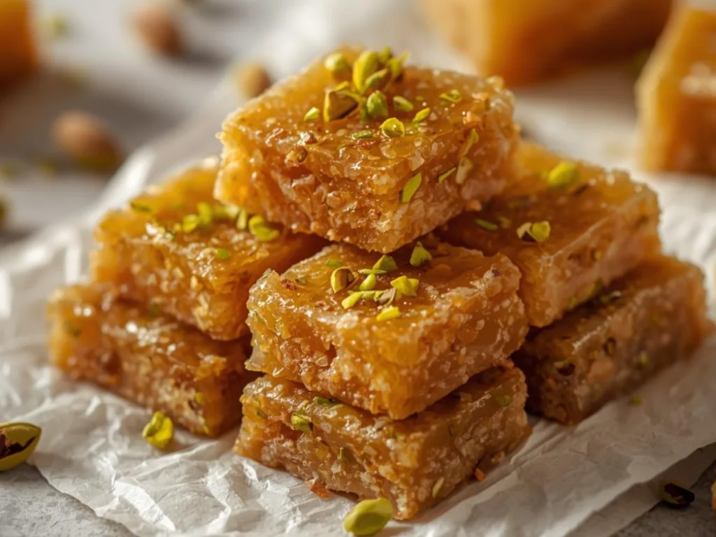 Close-up of chewy Brown Butter and Honey Pistachio Cookie Bars showing the gooey center and honey drizzle.