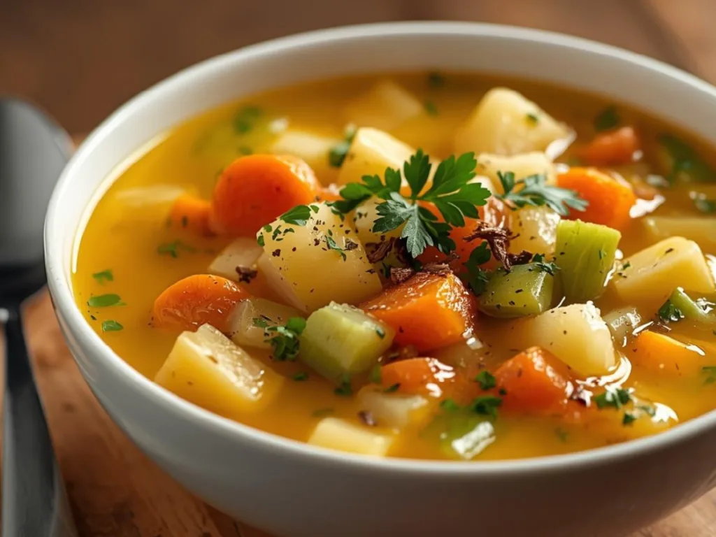 Steaming Amish Snow Day Soup with egg noodles and fresh herbs, an easy comfort food recipe for winter.