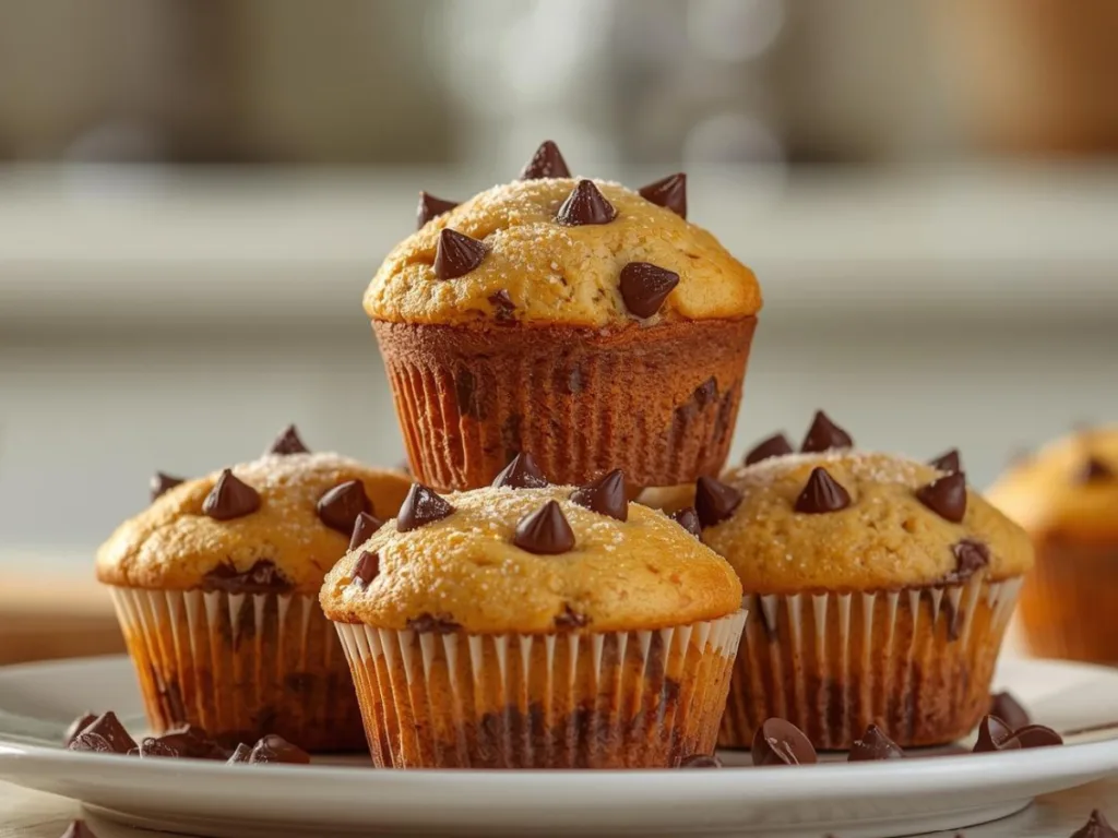 Easy Banana Chocolate Chip Muffins on plate.