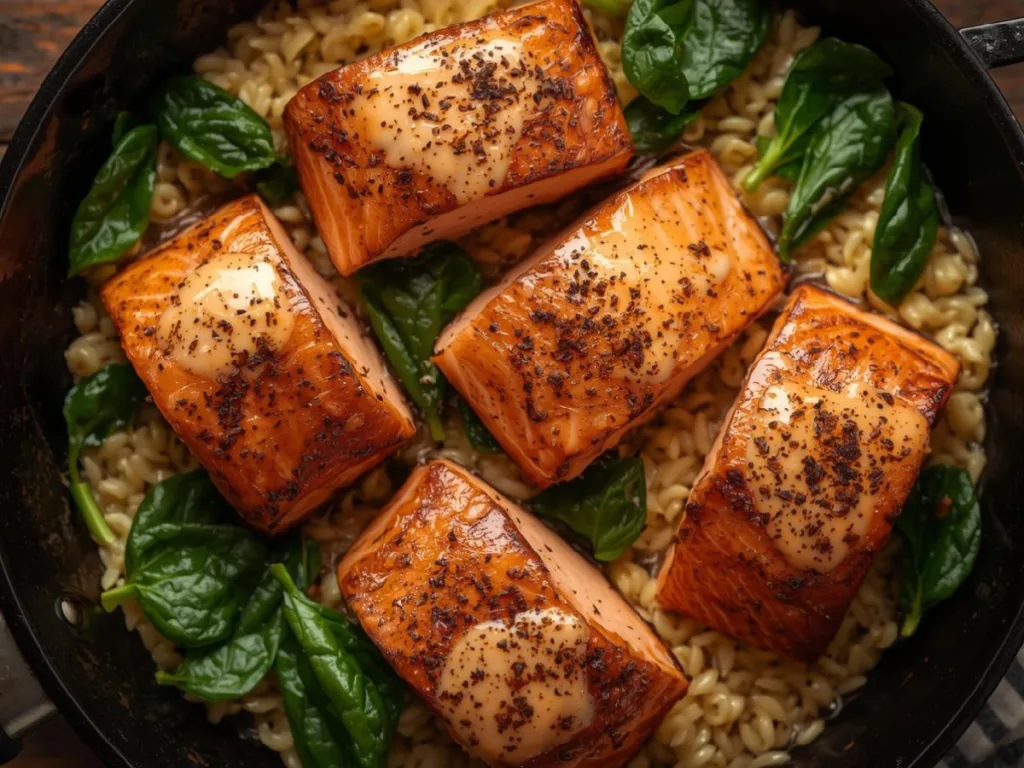 Seared salmon over lemon orzo spinach