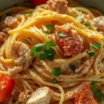 Family-sized portion of Creamy Crockpot Chicken Spaghetti.