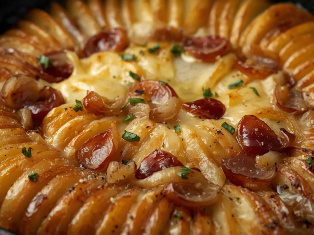 Sliced French Onion Potato Bake on plate