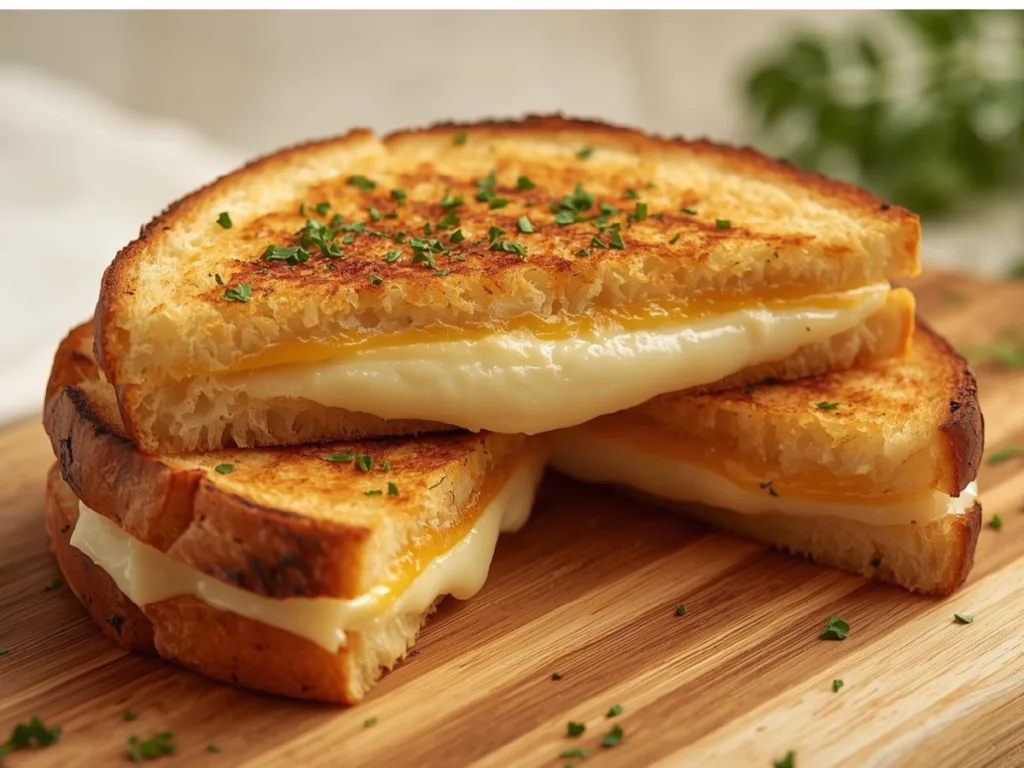 Two halves of a Garlic Bread Grilled Cheese stacked to show the melty cheese food texture and buttery crust.
