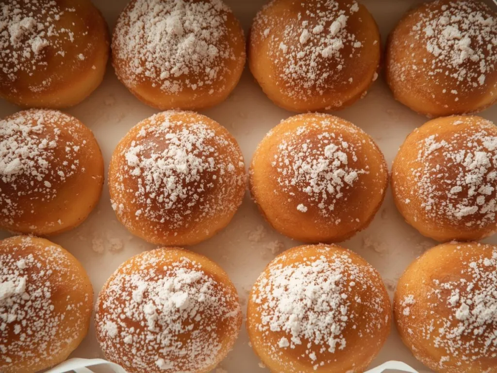 Fluffy fried dough Hawaiian Malasada with a light dusting of sugar.