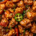 Factual shot of Chicken with Jalapenos and red bell peppers, highlighting the glossy savory stir fry sauce texture.