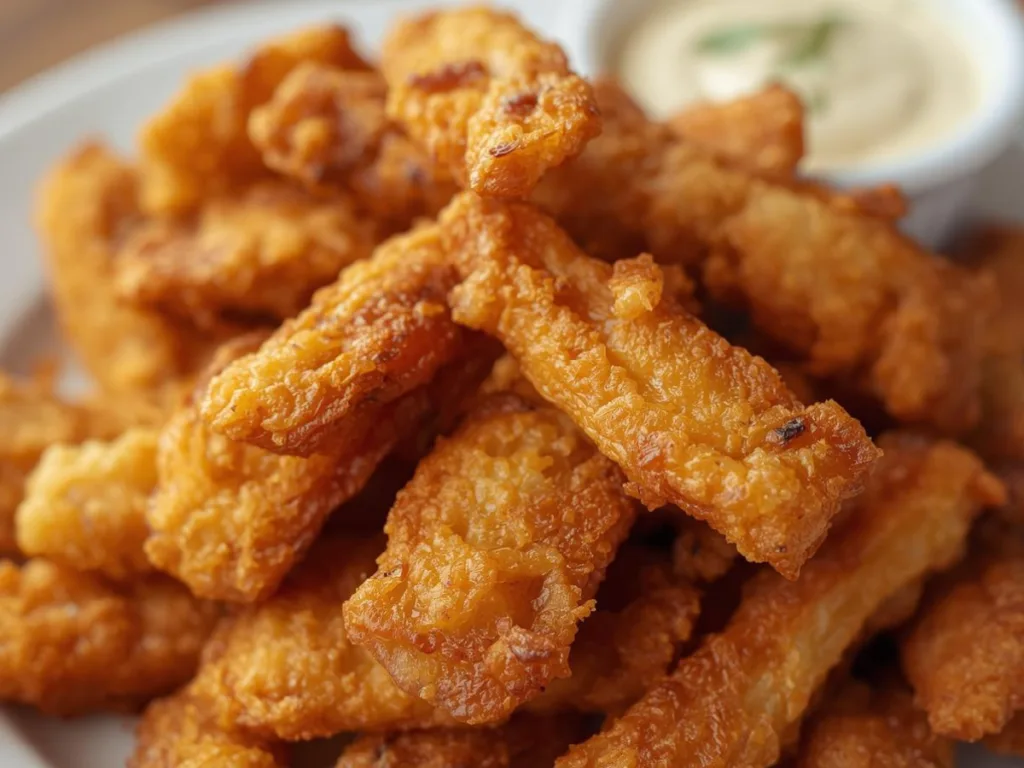 Deep fried fish batter mix being drizzled to create extra crunchies, an essential Long John Silver’s batter technique.
