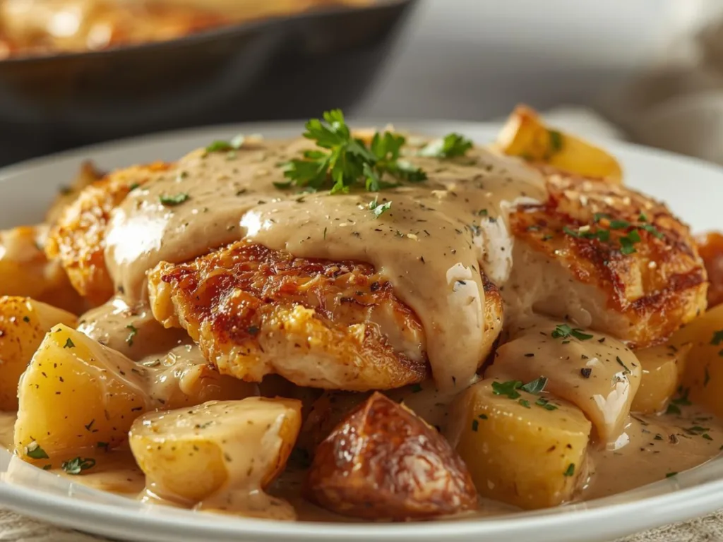 Homemade chicken and potatoes with gravy.