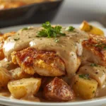 Homemade chicken and potatoes with gravy.