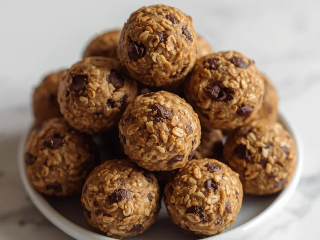 Hands holding a peanut butter protein ball.