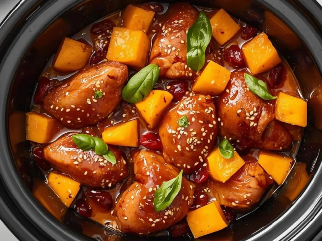 Glazed Sweet Hawaiian Crockpot Chicken over white rice.