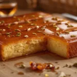 Cardamom Rose Syrup Basbousa garnished with nuts.