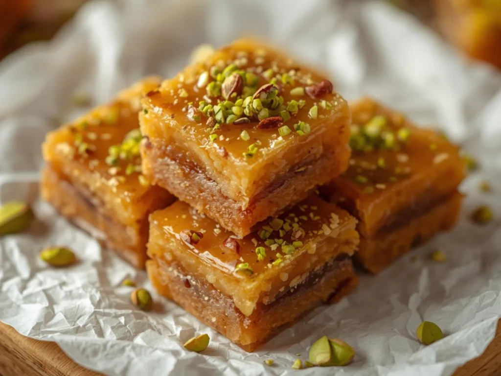 A stack of Brown Butter and Honey Pistachio Cookie Bars on parchment paper with a glass of milk nearby.