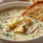 Spoon dipping into Garlic Parmesan Chicken Soup