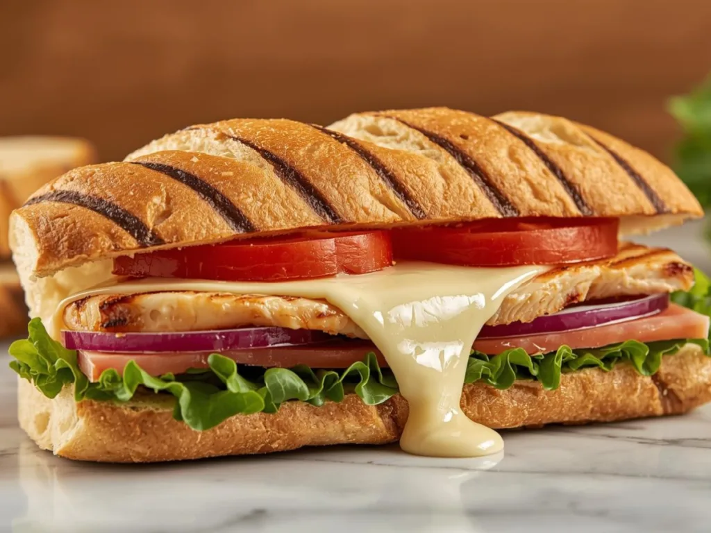A side profile of a stacked Grilled Chicken Cordon Bleu Sandwich showing the texture of the grilled chicken and golden brioche.