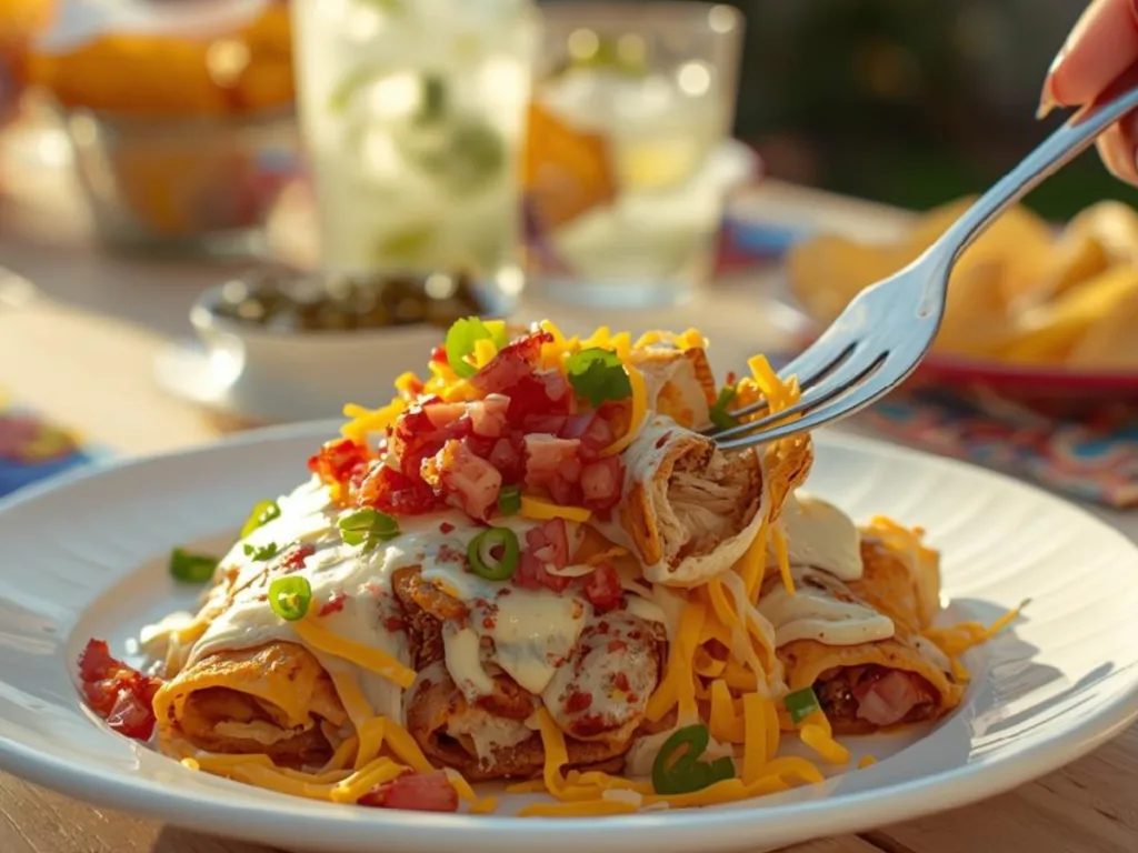 Jalapeño Popper Cheesy Chicken Enchiladas garnished with cilantro
