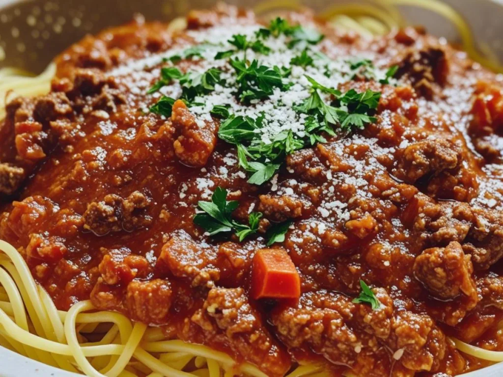 A Classic Bolognese Pasta Dish featuring the 130-Year-Old Italian Spaghetti Sauce on a rustic wooden table.