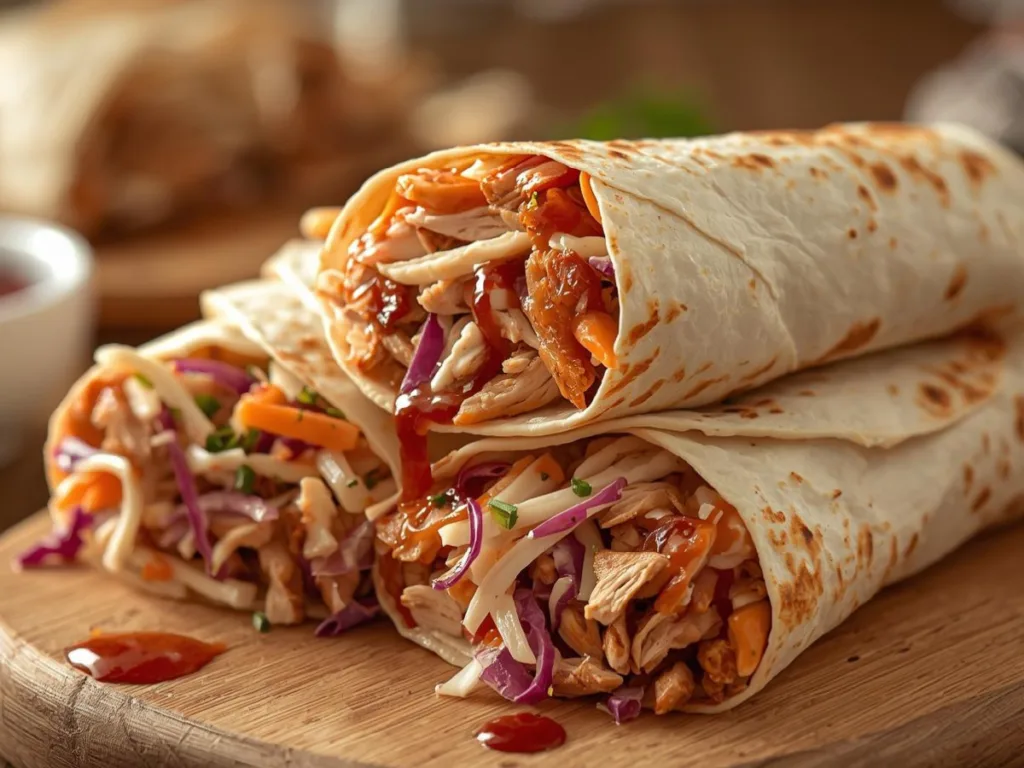 Shredded Bbq Chicken in flour tortillas.