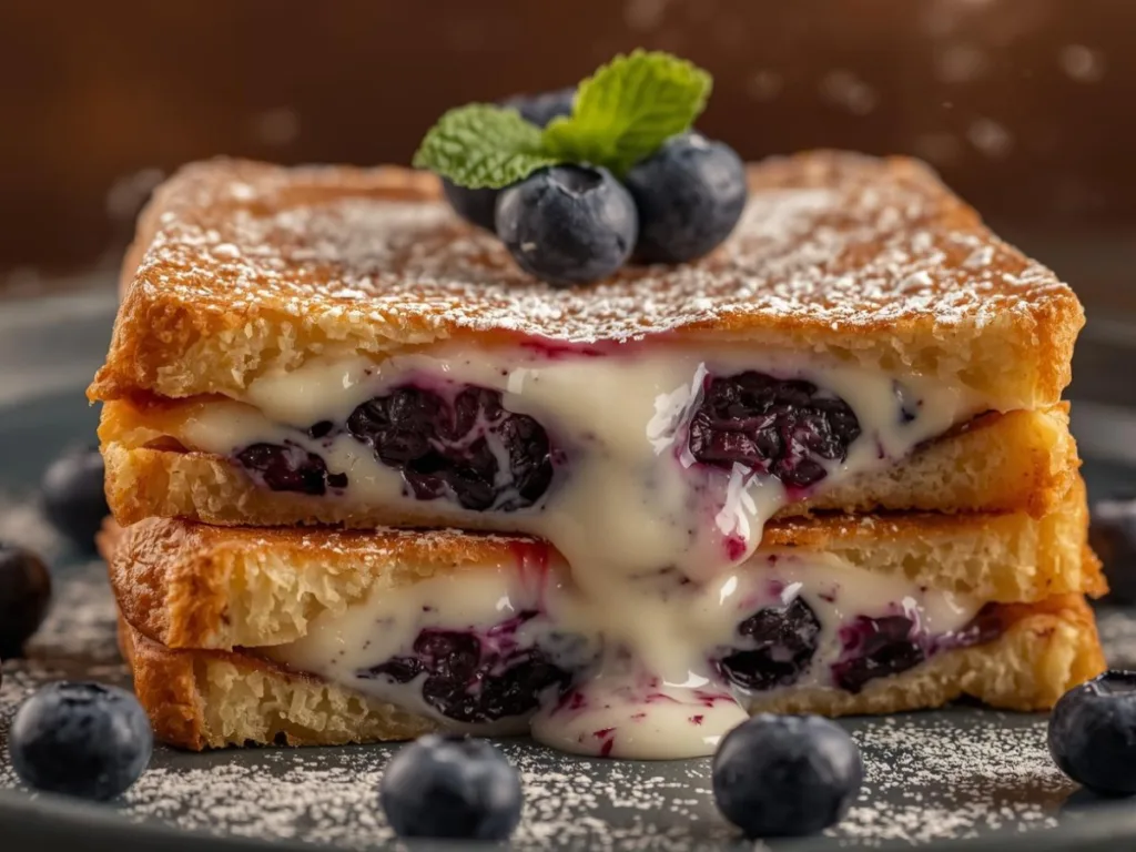 Blueberry Cheesecake Stuffed French Toast dusting sugar.
