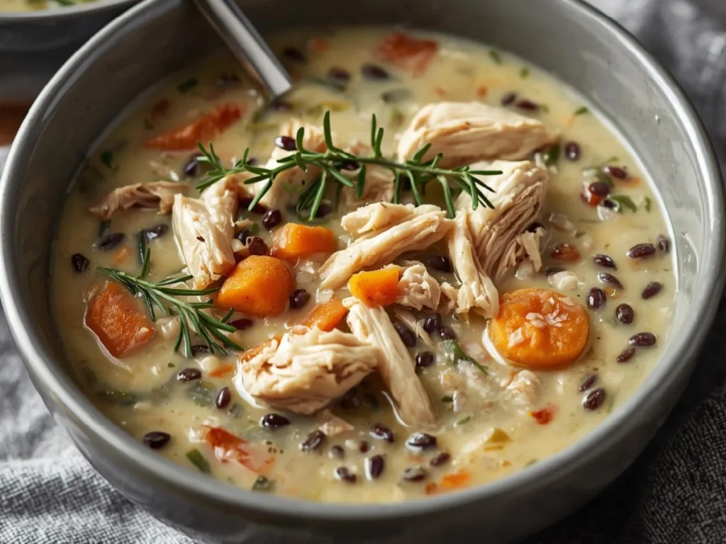 Spoon dipping into Chicken and Wild Rice Soup