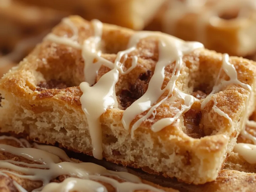 Close-up shot of Cinnamon Sugar Focaccia Recipe with a thick glaze and sparkling sugar crystals on a wooden board.