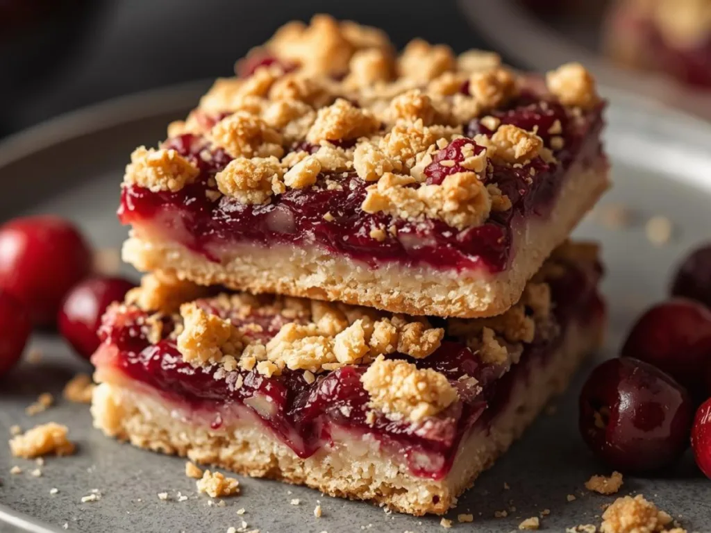 Cranberry Crumble Bars cut into squares for Thanksgiving.