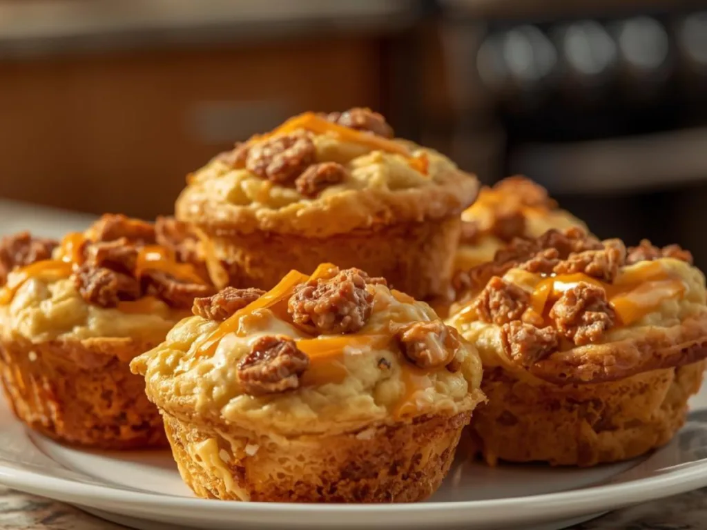 Multiple High-Protein Pancake Sausage Mini Muffins stacked in a glass meal prep container, representing a make ahead breakfast on the go.