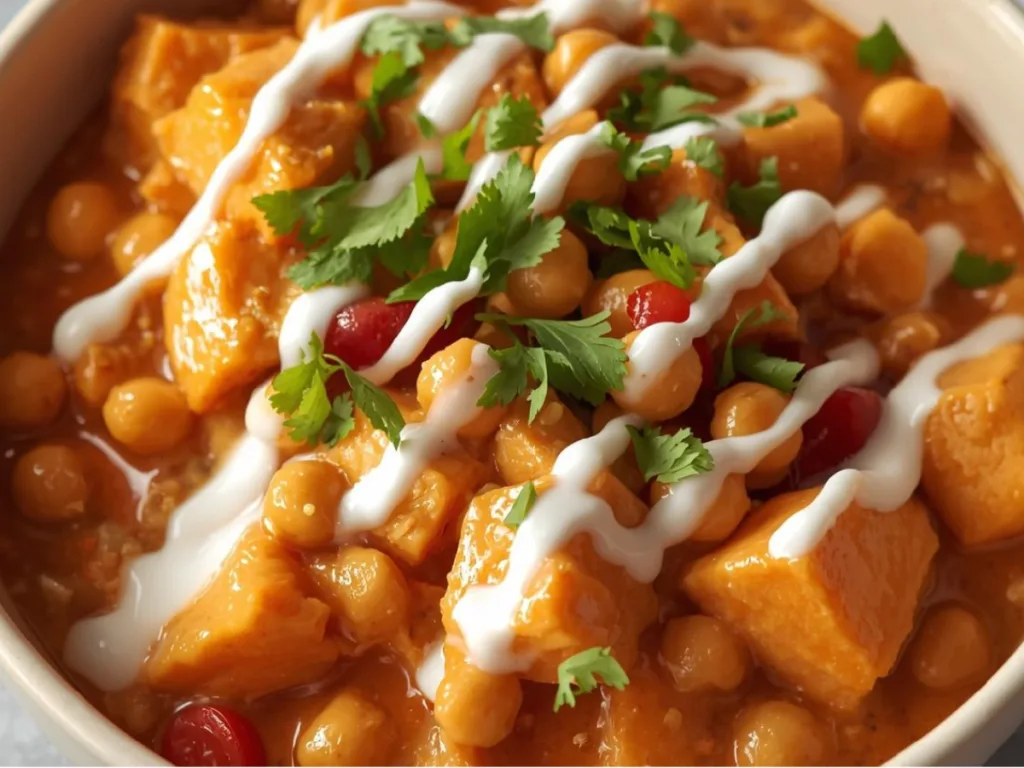 Indian Chickpea Curry With Rice and sweet potatoes.