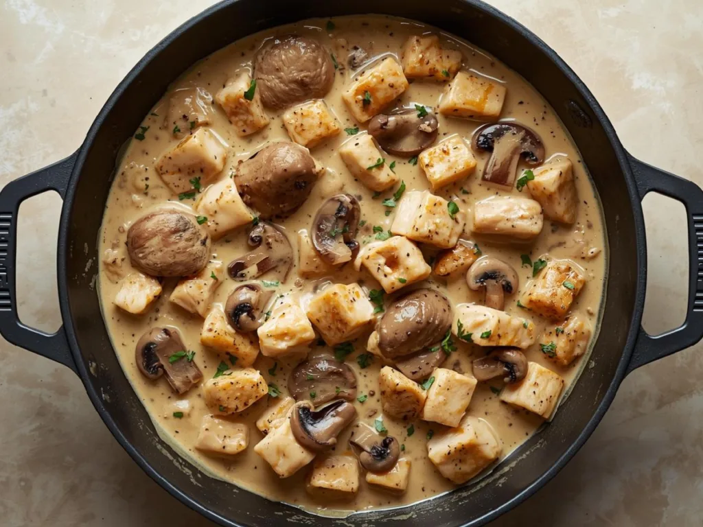 Pan of creamy chicken stroganoff being served over buttered egg noodles.