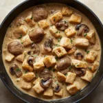 Pan of creamy chicken stroganoff being served over buttered egg noodles.