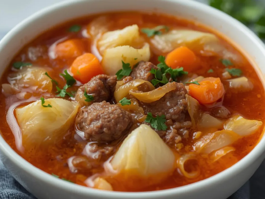 Homemade cabbage roll soup with ground beef and white rice in a ceramic pot, featuring a savory red tomato sauce base.