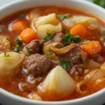 Homemade cabbage roll soup with ground beef and white rice in a ceramic pot, featuring a savory red tomato sauce base.