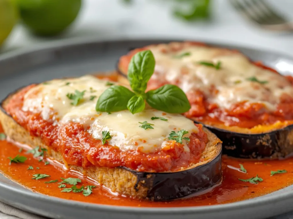Crispy air fryer eggplant parmesan slices topped with melted mozzarella and fresh basil.