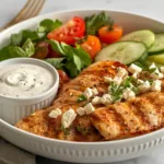 A colorful air fryer Greek chicken bowl with rice, cucumbers, tomatoes, and feta.