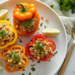 Vibrant air fryer quinoa stuffed bell peppers with melted cheese on top.