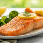 Perfectly cooked air fryer salmon fillet with a crispy golden crust and lemon slices.