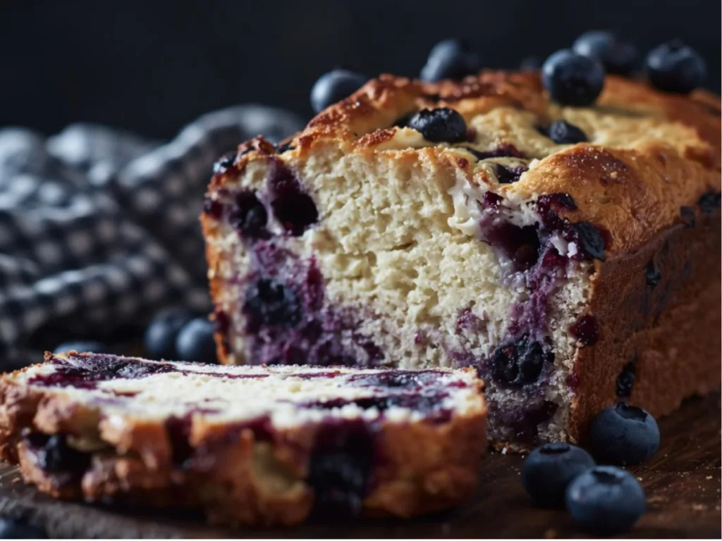 Sliced Blueberry Cream Cheese Loaf with a lemon glaze and fresh blueberries on top.
