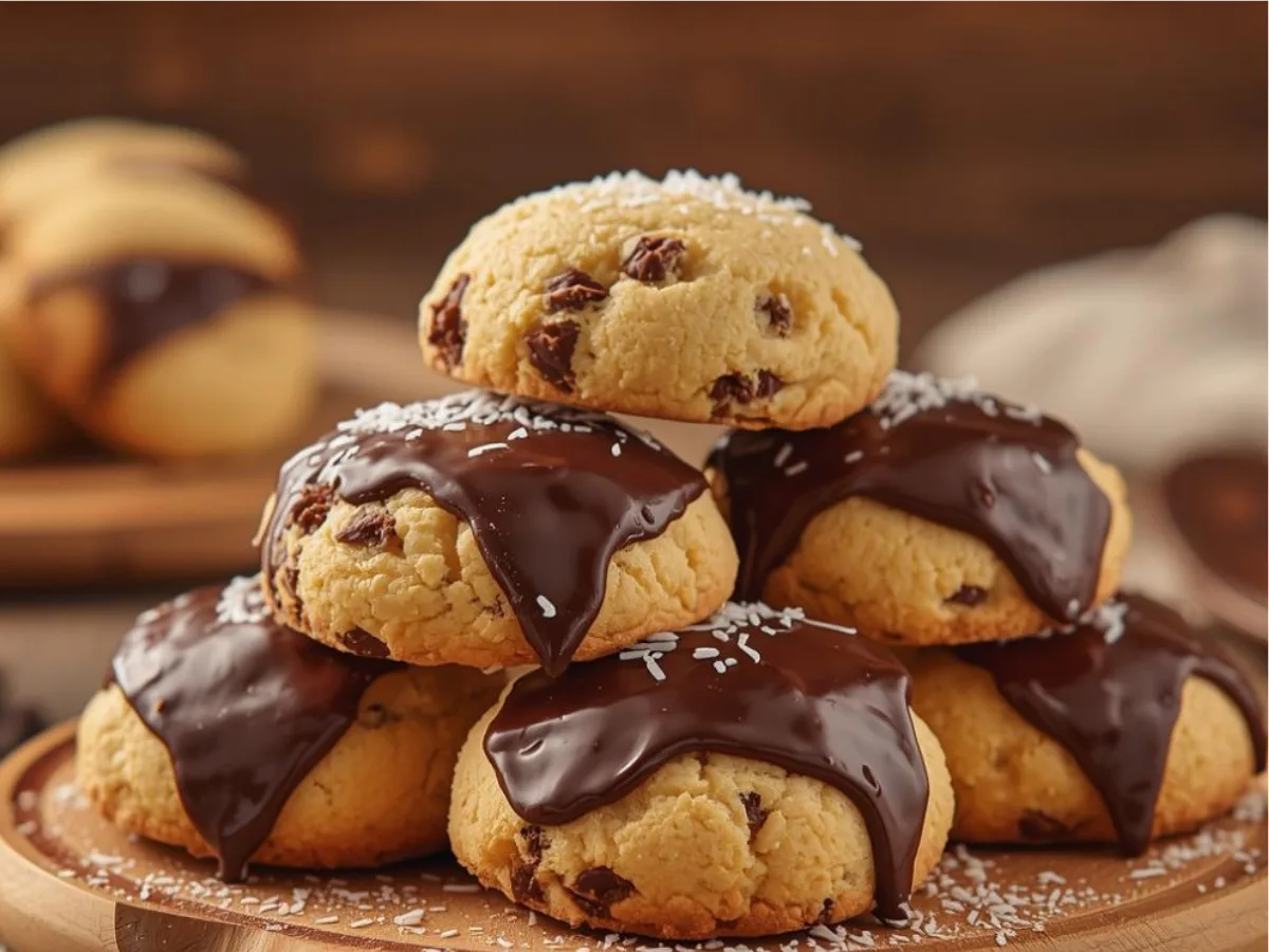 A close-up shot of Soft Italian Ricotta Cannoli Cookies topped with mini chocolate chips and a dusting of powdered sugar on a white ceramic plate.