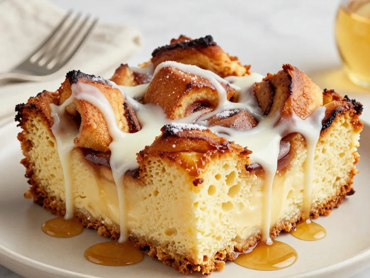 Close-up of gooey Cinnamon Roll Bread Pudding with a drizzled white glaze, showcasing a rich Cinnamon Bread Pudding Recipe texture.