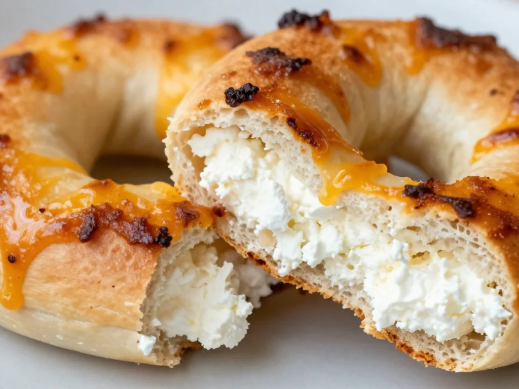 Golden brown Garlic Parmesan Cottage Cheese Bagels stacked on a rustic board, showing the Fluffy Cottage Cheese Bagels texture.