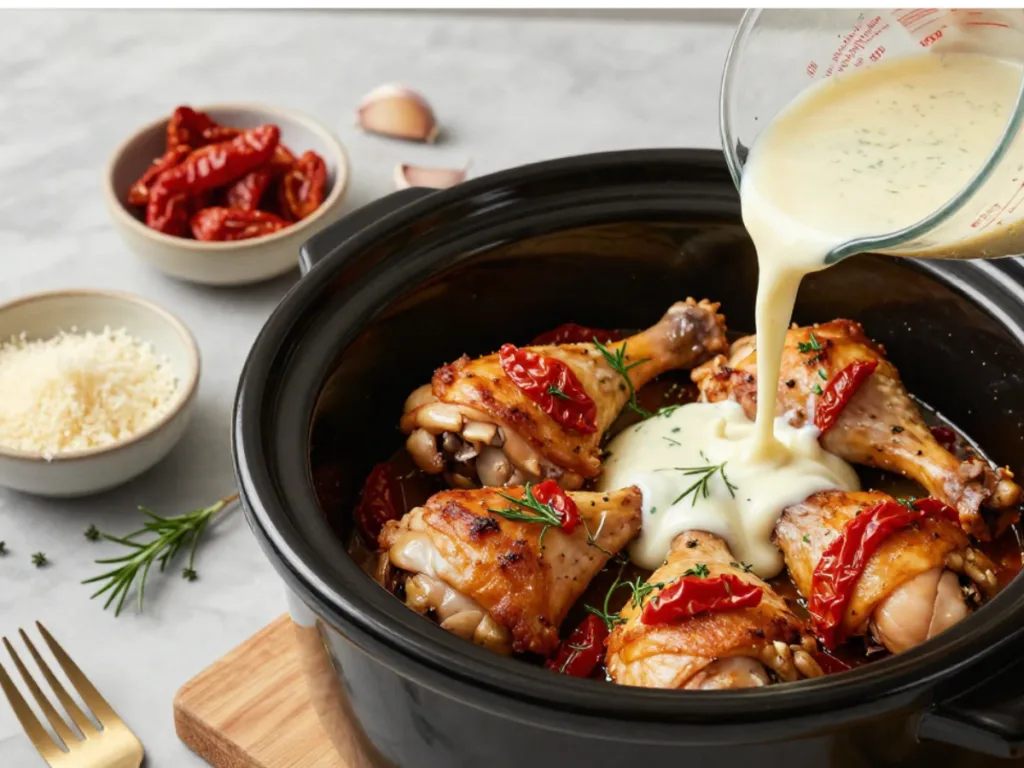 A ceramic dish of slow cooker creamy tuscan chicken dinner with vibrant sun-dried tomatoes and wilted spinach in a white cream sauce.