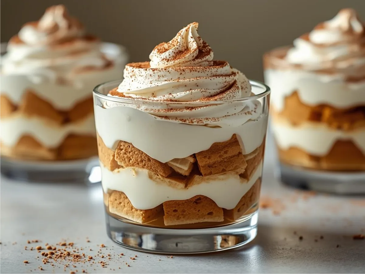 Close-up of individual Eggnog Tiramisu Cups topped with cocoa powder and Lady Fingers for Holiday Desserts.
