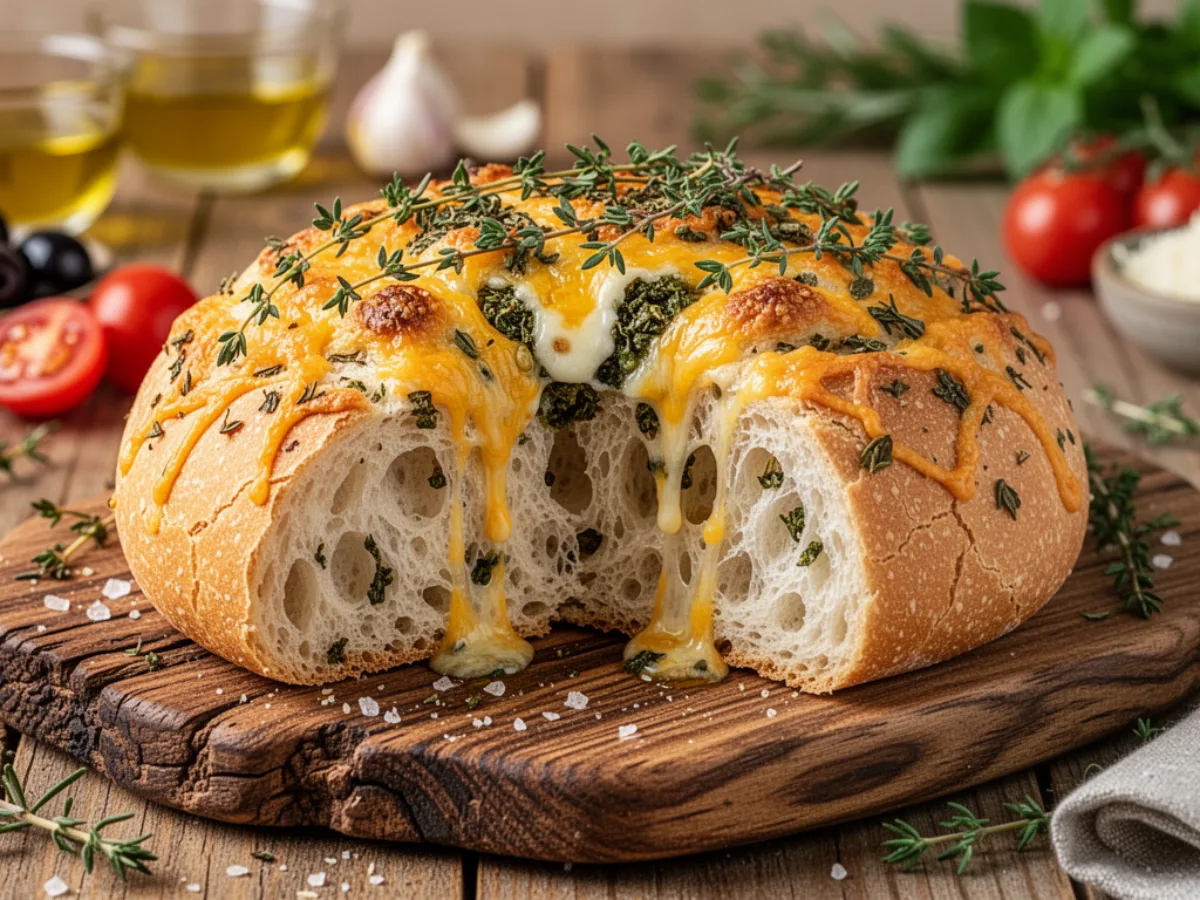 Freshly baked Italian herb and cheese bread with golden crust.
