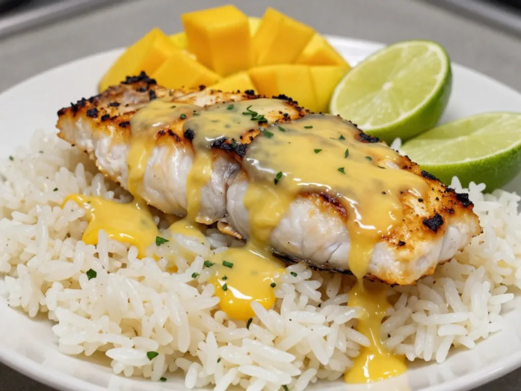 Grilled Mahi Mahi with Mango Lime Butter on a white plate.