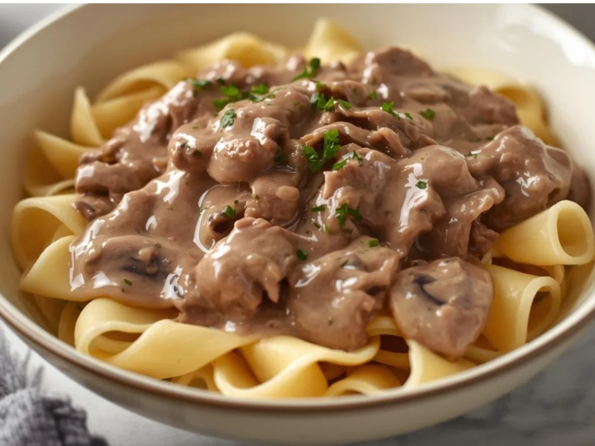 Pot Beef Stroganoff over noodles.