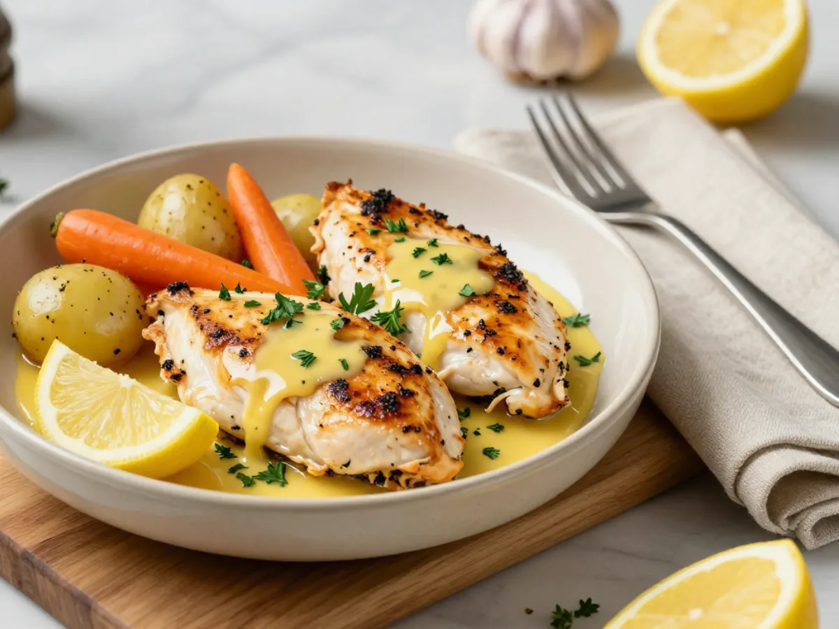 A slow cooker filled with slow cooker lemon herb chicken & veggie dinner, featuring golden chicken thighs, carrots, and baby potatoes in a clear herb broth.