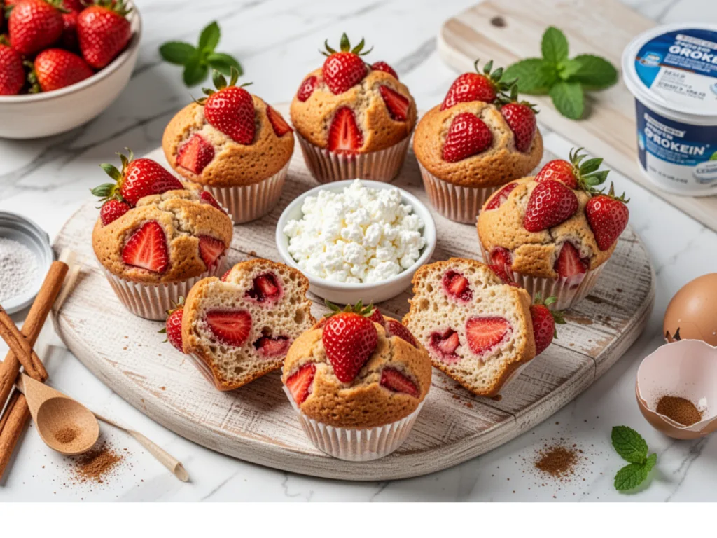 Close-up of fluffy Strawberry Protein Muffins made with fresh strawberries and Greek yogurt.