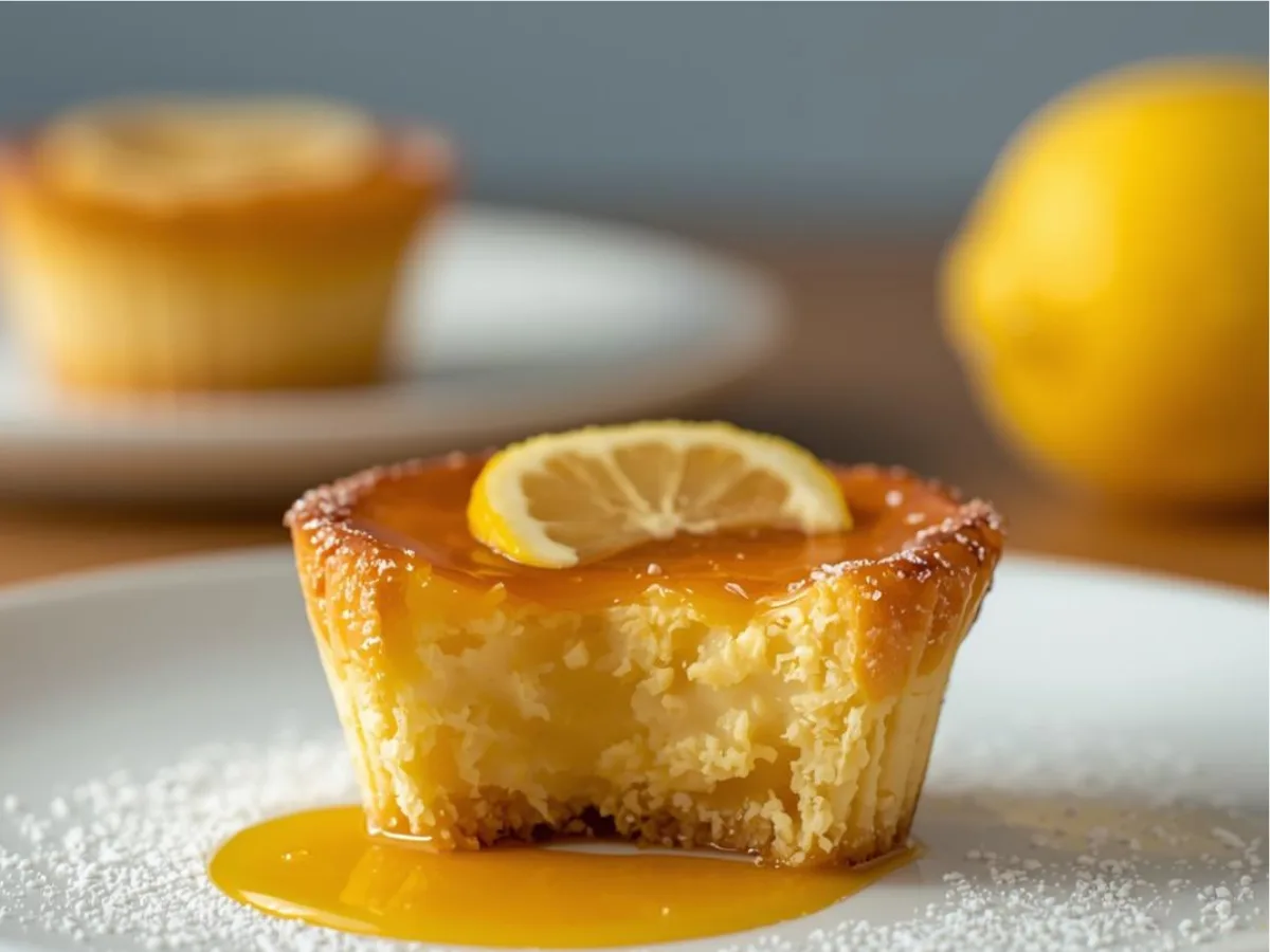 Zesty Mini Baby Lemon Impossible Pies with a golden brown crust and fresh lemon custard filling served as bite sized treats.