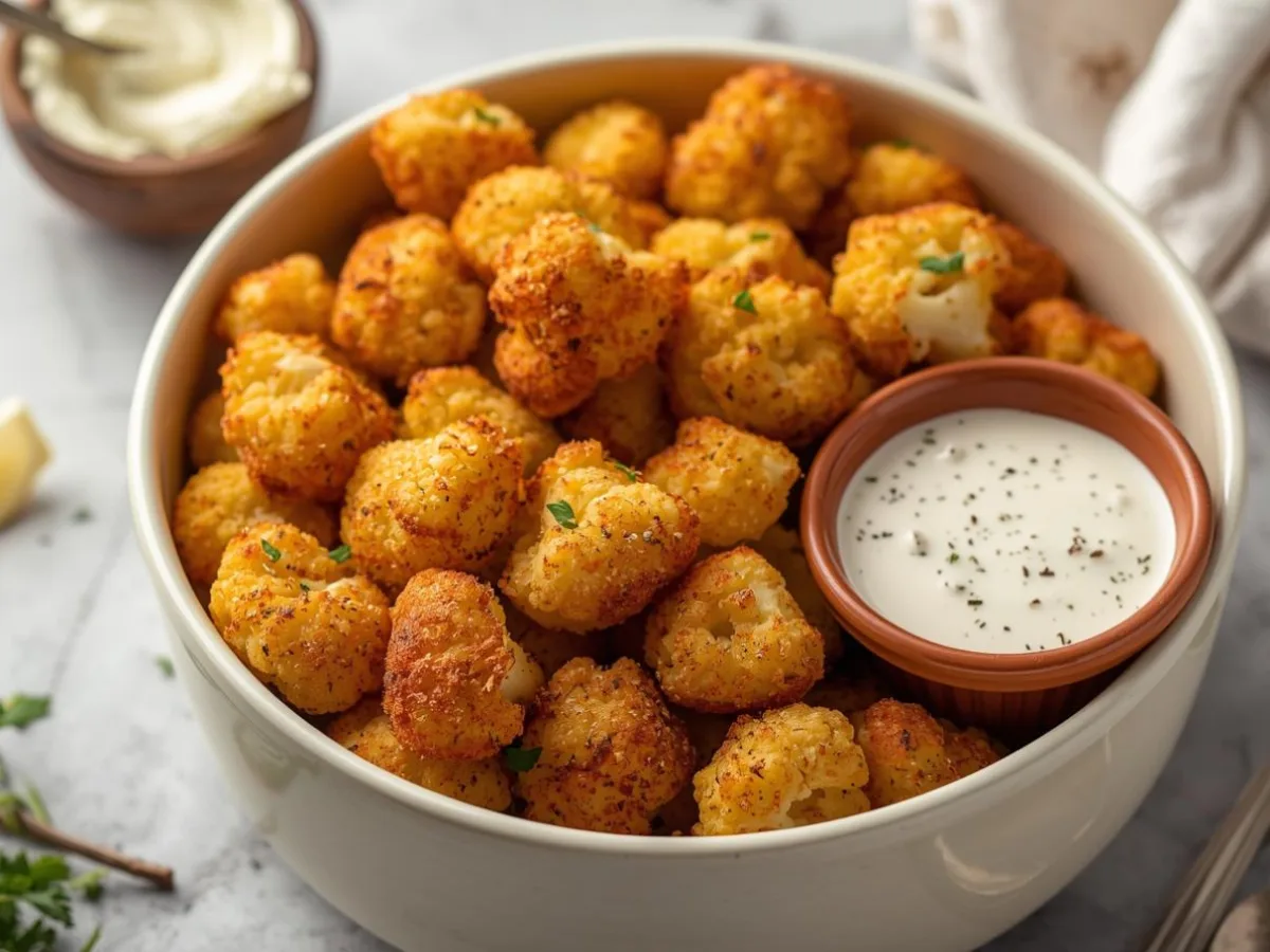 A bowl of golden crispy air fryer cauliflower bites with a side of ranch dip.